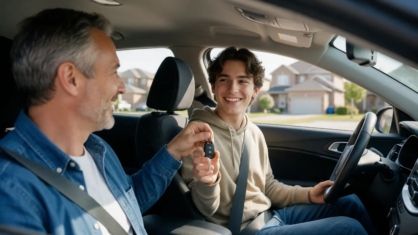 A driving instructor hands car keys to a smiling learner driver sitting behind the wheel