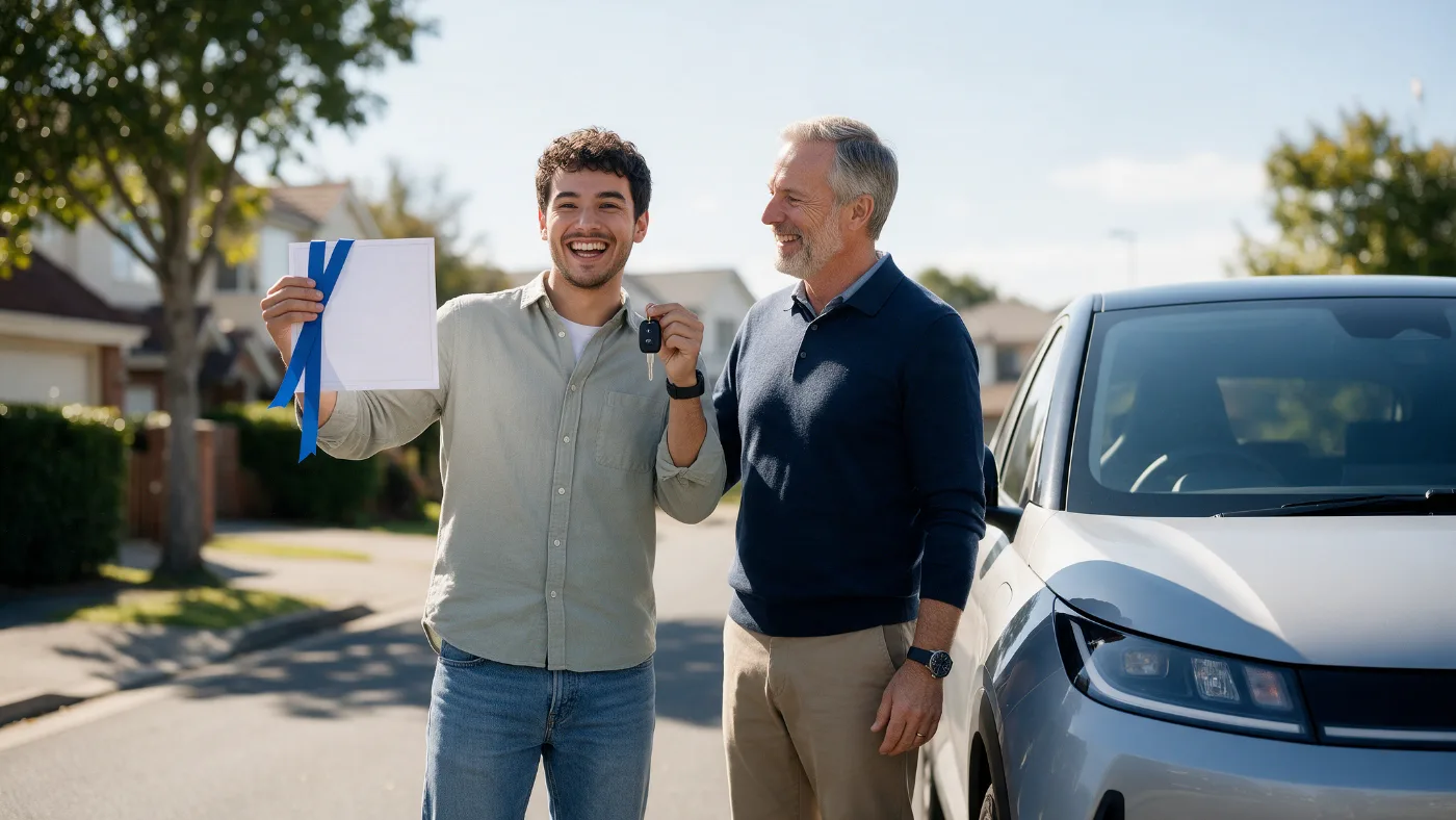 A new driver celebrating with an instructor beside a car, holding a blank certificate and car keys