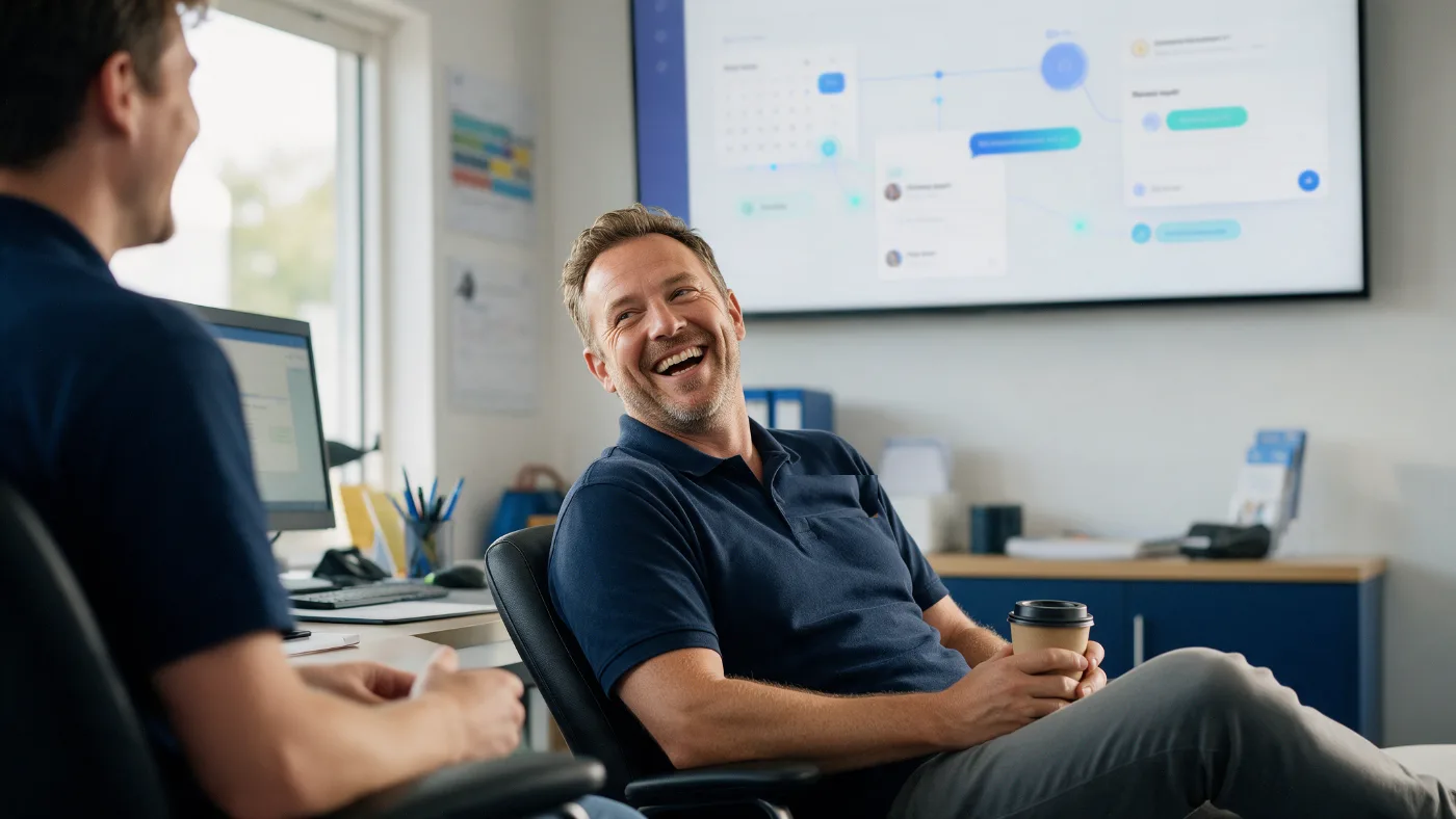 A relaxed driving school owner laughing with a staff member while an automated workflow runs on the wall screen