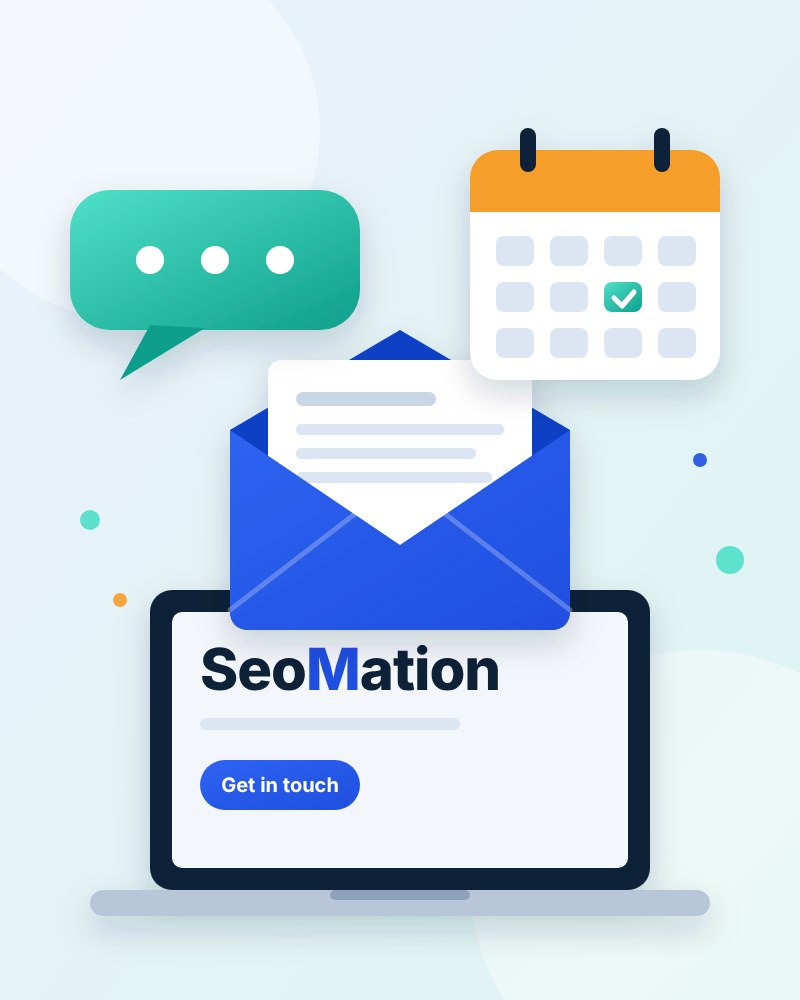 SeoMation contact: envelope, chat bubble and calendar illustration
